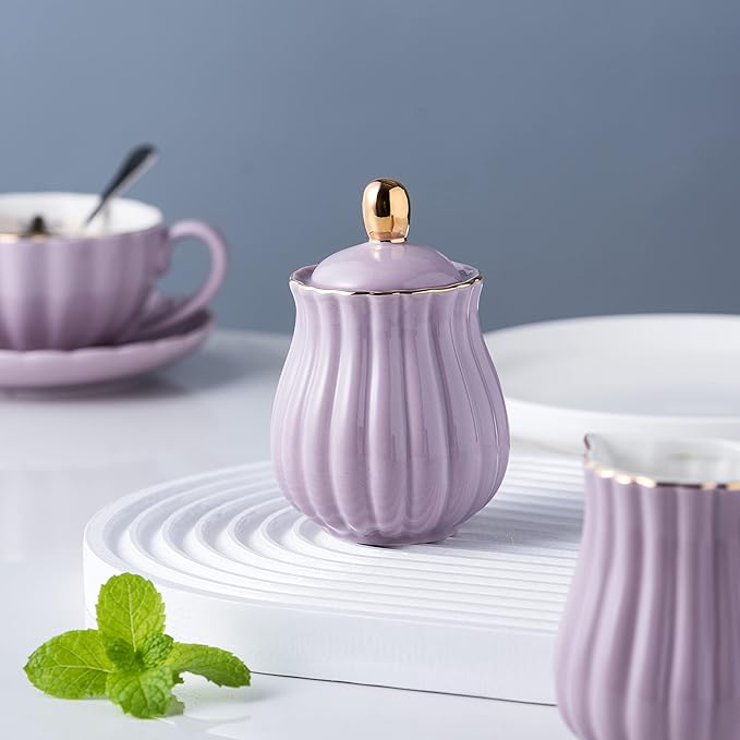 Jusalpha Fine China Pink Teapot and Creamer Sugar Bowl Set, TW (Purple)