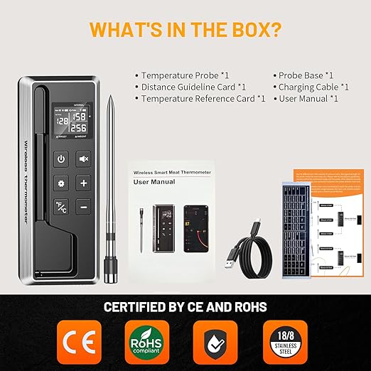 Meat Thermometer Digital - Instant Read Grill Food Thermometer Wireless, 0.19In Ultra-Thin Dual Sensor Probe, 5.2 Bluetooth 800ft App Alerts, IP67 Waterproof for BBQ, Oven, Kitchen