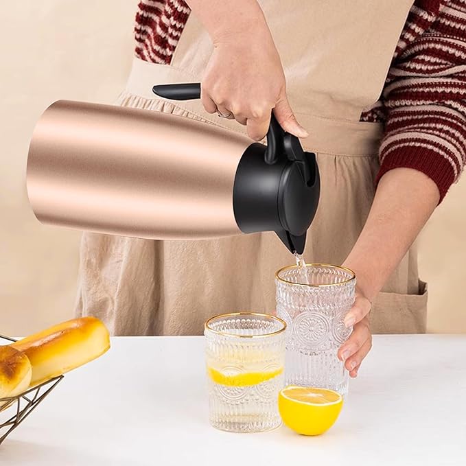 1 PCS 68 OZ Thermal Coffee Carafe, Insulated Stainless Steel Coffee Carafe Double Walled Vacuum Thermal Pot Flask with Brushes Thermos for Keeping Hot Coffee Tea Home and Office (Gold)