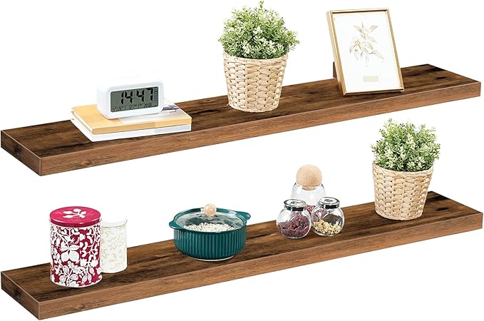 HOOBRO Floating Shelves for Wall, Wall Mounted Shelf Set of 2, 47.2" Hanging Shelf with Invisible Brackets, for Wall Bathroom, Bedroom, Toilet, Kitchen, Living Room, Office, Rustic Brown BF120BJP201