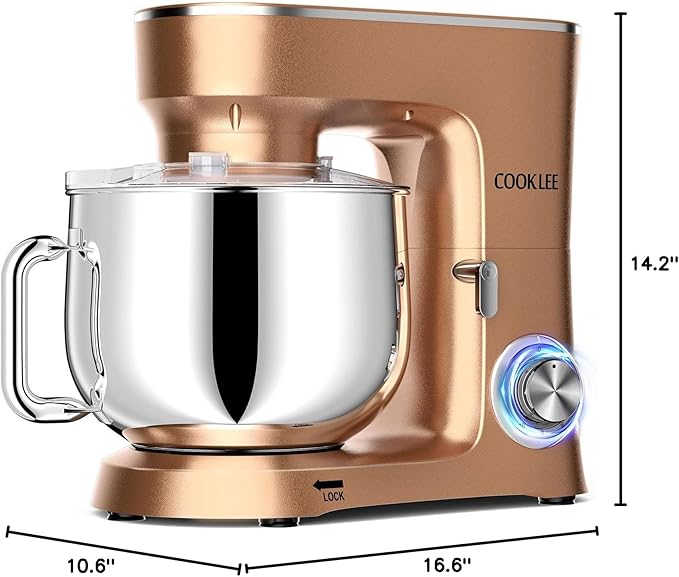 COOKLEE Stand Mixer, 9.5 Qt. 660W 10-Speed Electric Kitchen Mixer with Dishwasher-Safe Dough Hooks, Flat Beaters, Wire Whip & Pouring Shield Attachments for Most Home Cooks, Champagne