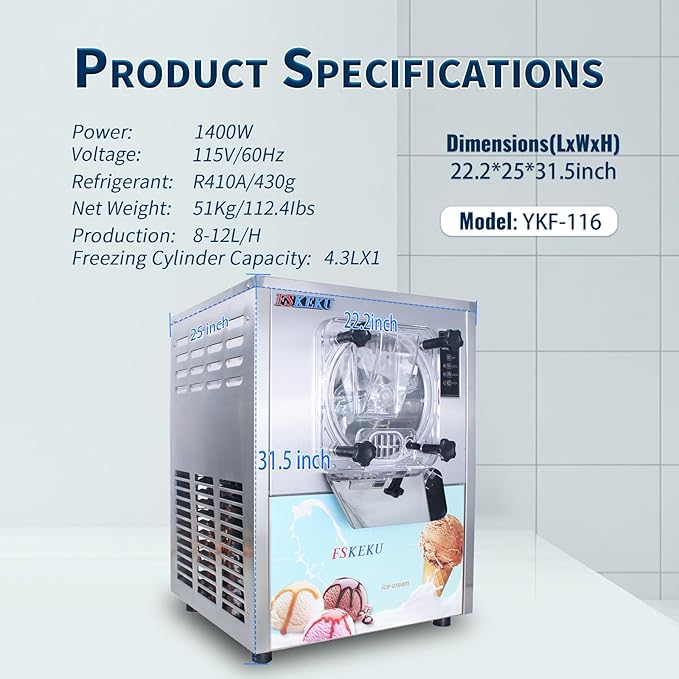 Hard Ice Cream Maker Commercial Gelato Machine 16-24L/H, 5.3 Gph Capacity Suitable for Restaurant/Bar/Home, Auto Clean LED Display Maquina De Helado 1400W