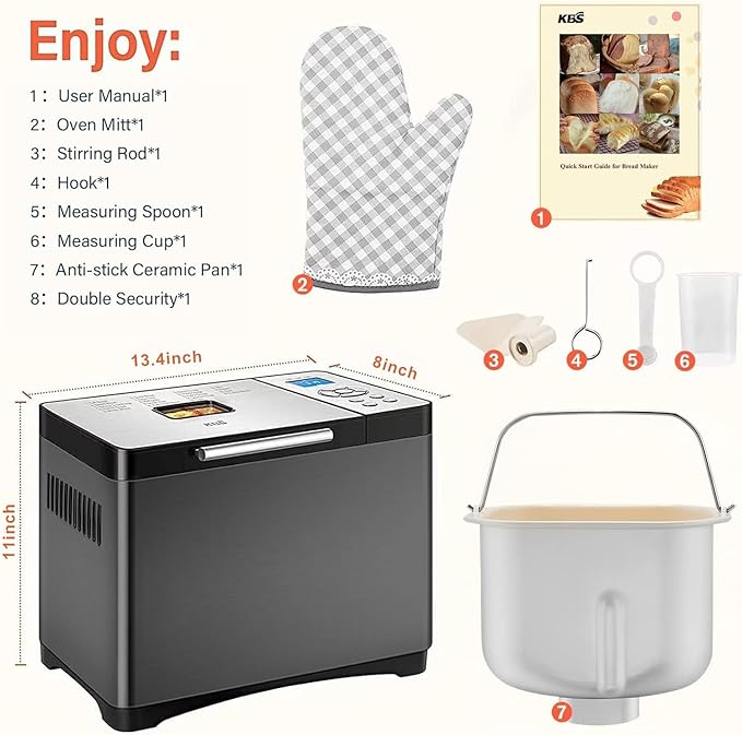 KBS 2LB Bread Maker, 19-in-1 Automatic Bread Machine Stainless Steel with Ceramic Pan,15H Timer&1H Keep Warm, Sourdough, Gluten-Free, 650W Bread Maker Machine with 3 Loaf Sizes 3 Crust Colors, Recipes