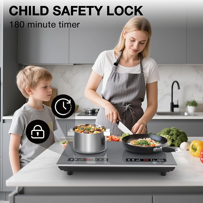 VBGK Double Induction Cooktop, 24 inch 4000W Electric cooktop with hot plate, induction stove top with LED Touch Screen 9 Levels Settings with Child Safety Lock & Timer 110V Induction cooktop 2 burner