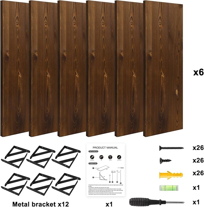 YGEOMER 16.5 Inch Floating Shelves for Wall, Farmhouse Wall Shelves for Bedroom, Bathroom Storage, Living Room and Kitchen Decor (Set of 6 Dark Carbonized Pine)