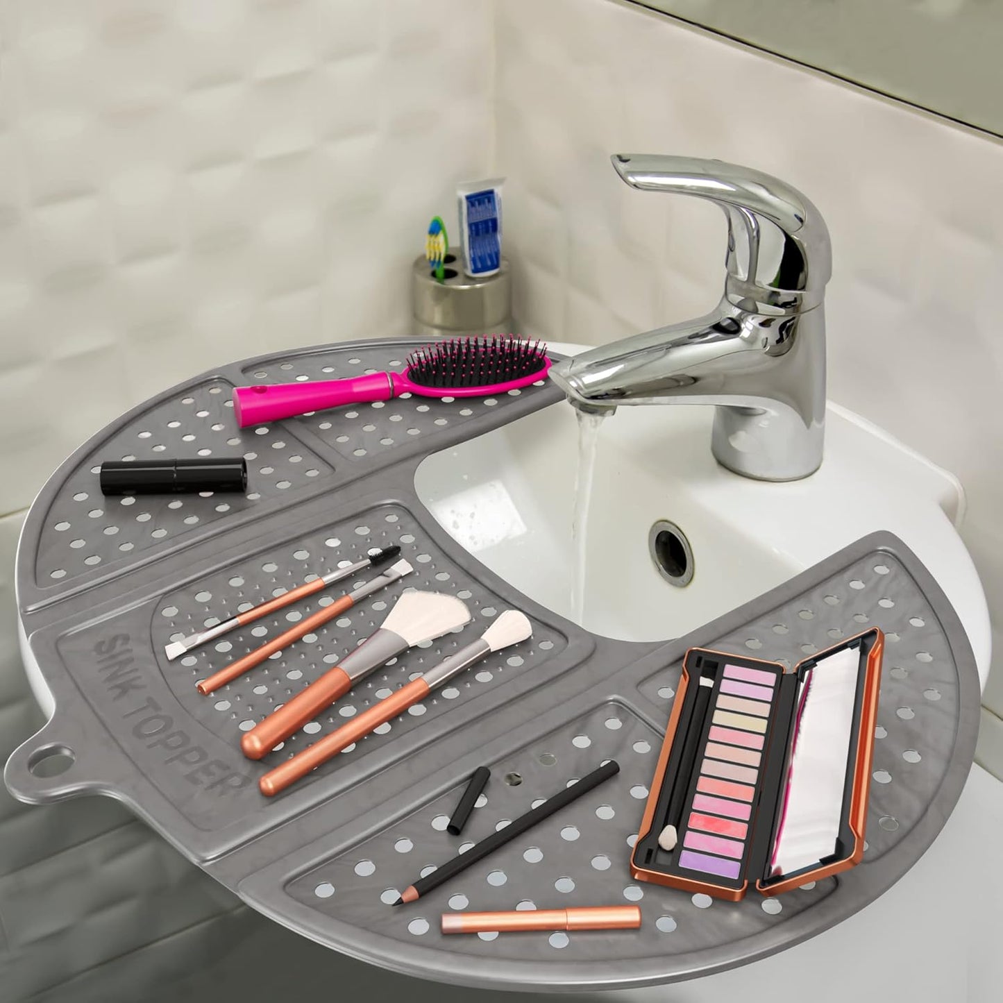 Sink Topper Bathroom Counter Cover & Storage Saver, Foldable Silicone Mat for Hot Tools, Hair Styling & Makeup, Beauty Brush Cleaning Mat, RV Camper Sink Cover & for Small Spaces (Standard Silver)