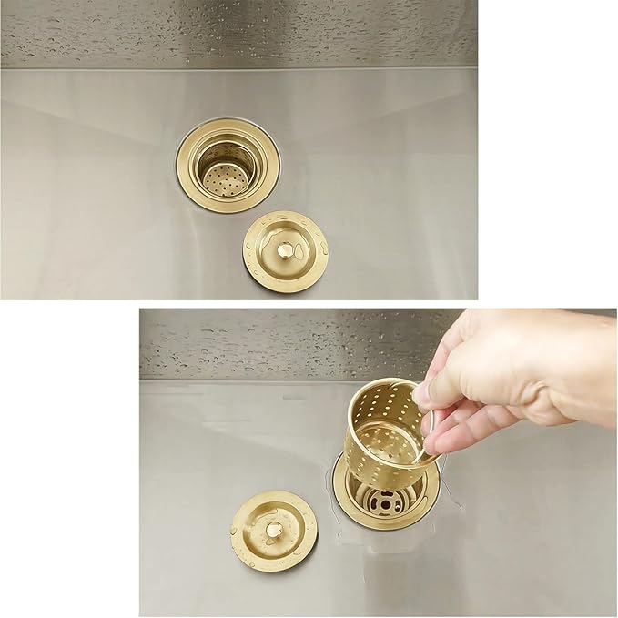 3-1/2-Inch Kitchen Sink Drain Strainer Assembly Kit, GZILA Deep Waste Basket Strainer with Sealing Lid Sink Stopper, 304 Stainless Steel Brushed Gold