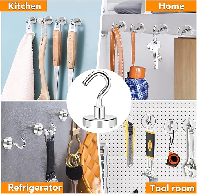 MIKEDE Magnetic Hooks, 80LB+ Heavy Duty Magnetic Hooks Cruise with Epoxy Coating for Refrigerator, Strong Magnet Hooks for Tool Room, Magnetic Metal Hooks for Grill - 8 Pack