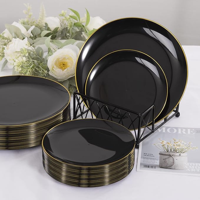 KIRE 60PCS Black Plastic Plates - Black Disposable Plates with Gold Rim for Party/Graduation - Include 30Pcs 10.25inch for Dinner and 30Pcs 7.5inch for Dessert