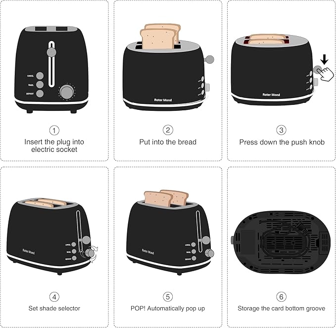 2 Slice Toaster Retro Stainless Steel with Bagel, Cancel, and Defrost Functions, 6 Bread Shade Settings, Extra Wide Slots and Removable Crumb Tray, Black