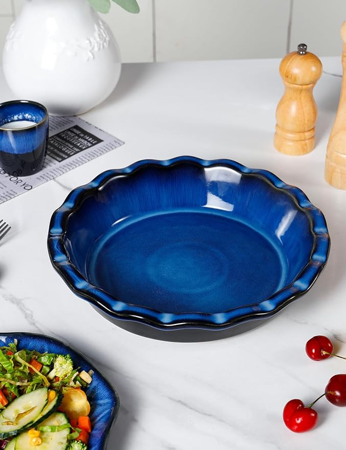 AISBUGUR Pie Pan for Baking 9 Inch Ceramic Pie Dish Quiche Baking Dish Non-Stick Dishwasher & Oven Safe (Reactive Glaze Blue)