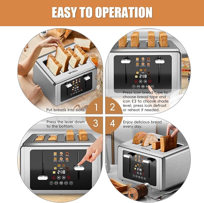 whall 4 Slice Touch Screen Toaster, Stainless Steel Toasters Digital Timer, Dual Control Panel Toasters,6 Shade Settings&6 Bread Types, Smart Wide Slots, Bagel, Cancel, Defrost,White