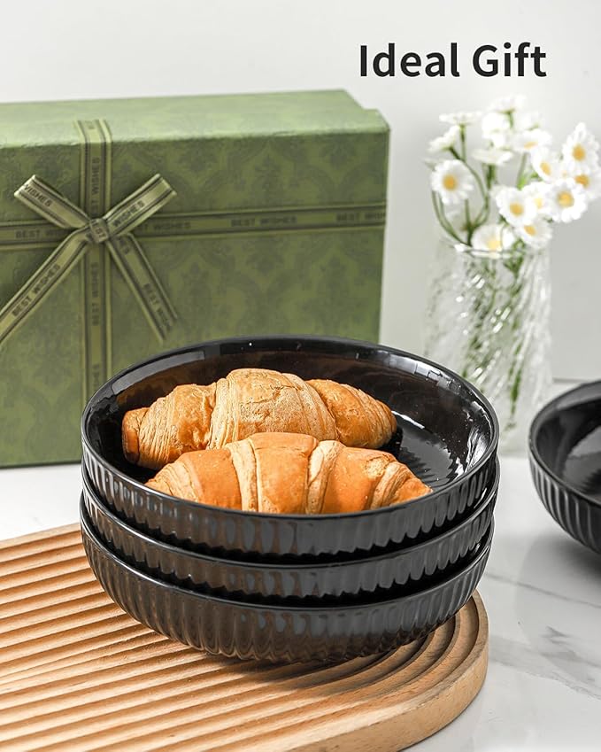 Hasense Pasta Bowls Set of 4, 30 oz Porcelain Dinner Bowls, Salad Bowls for Kitchen, Wide and Shallow Plates, Ideal Home Decor for Mother's Day Present, Microwave & Dishwasher, Oven Safe, Black