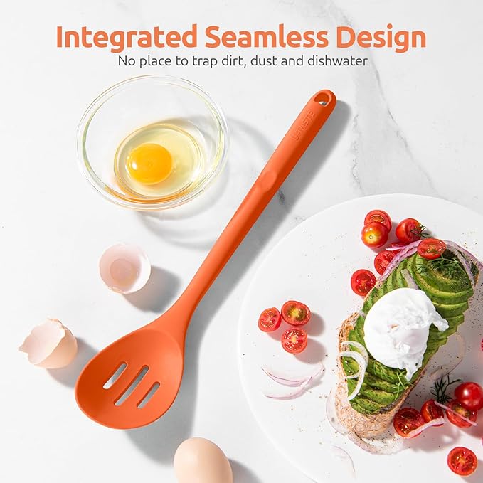 600ºF Heat Resistant Slotted Spoon: U-Taste 13.3in Solid Kitchen Cooking Spoon, Nonstick Food Grade Large & Long Rubber Utensil for Mixing, Serving, Stirring, Basting, Frying, Draining (Orange)