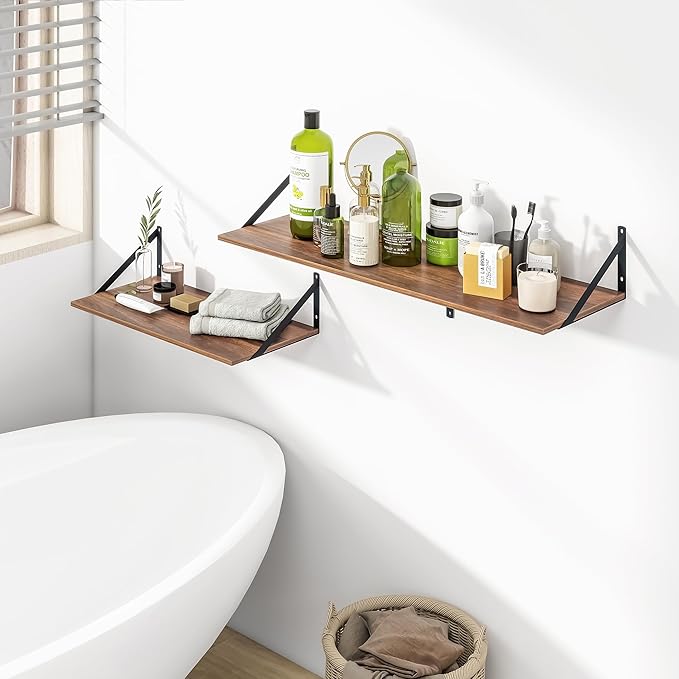 Heimlove 12 Inch Deep Floating Shelves for Wall, 36W x 12D Wood Wall Shelves Set of 2, Walnut Wide Floating Bookshelf for Living Room, Kitchen, Office, Bedroom, with Black Metal Bracke - Walnut