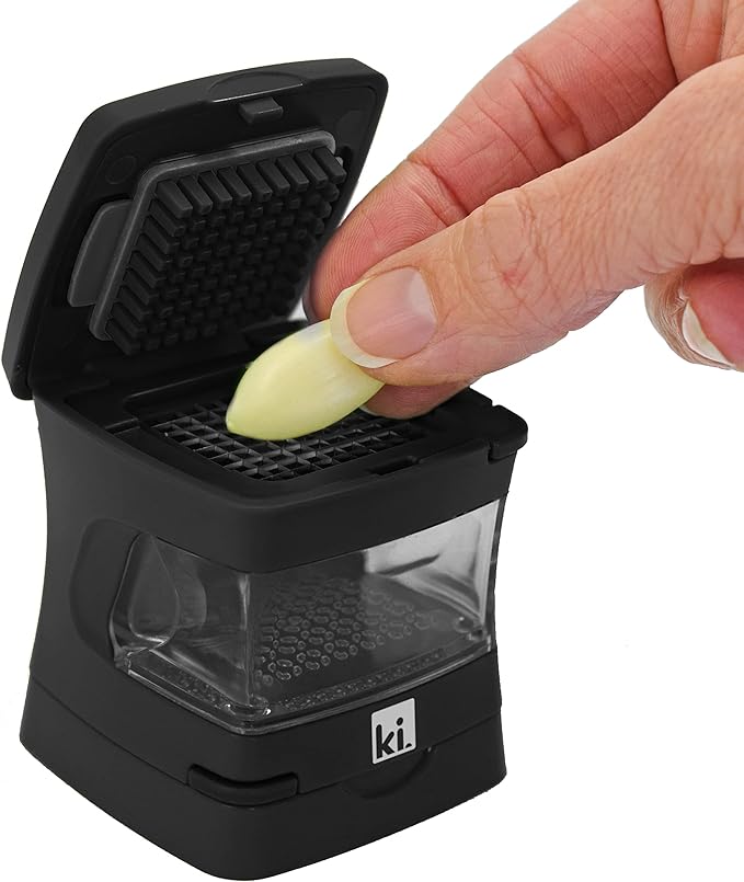 Garlic-A-Peel Garlic Press, Crusher, Cutter, Mincer, and Storage Container - Includes Silicone Garlic Peeler - Easy to Clean - Stainless Steel Blades – (Black), standard