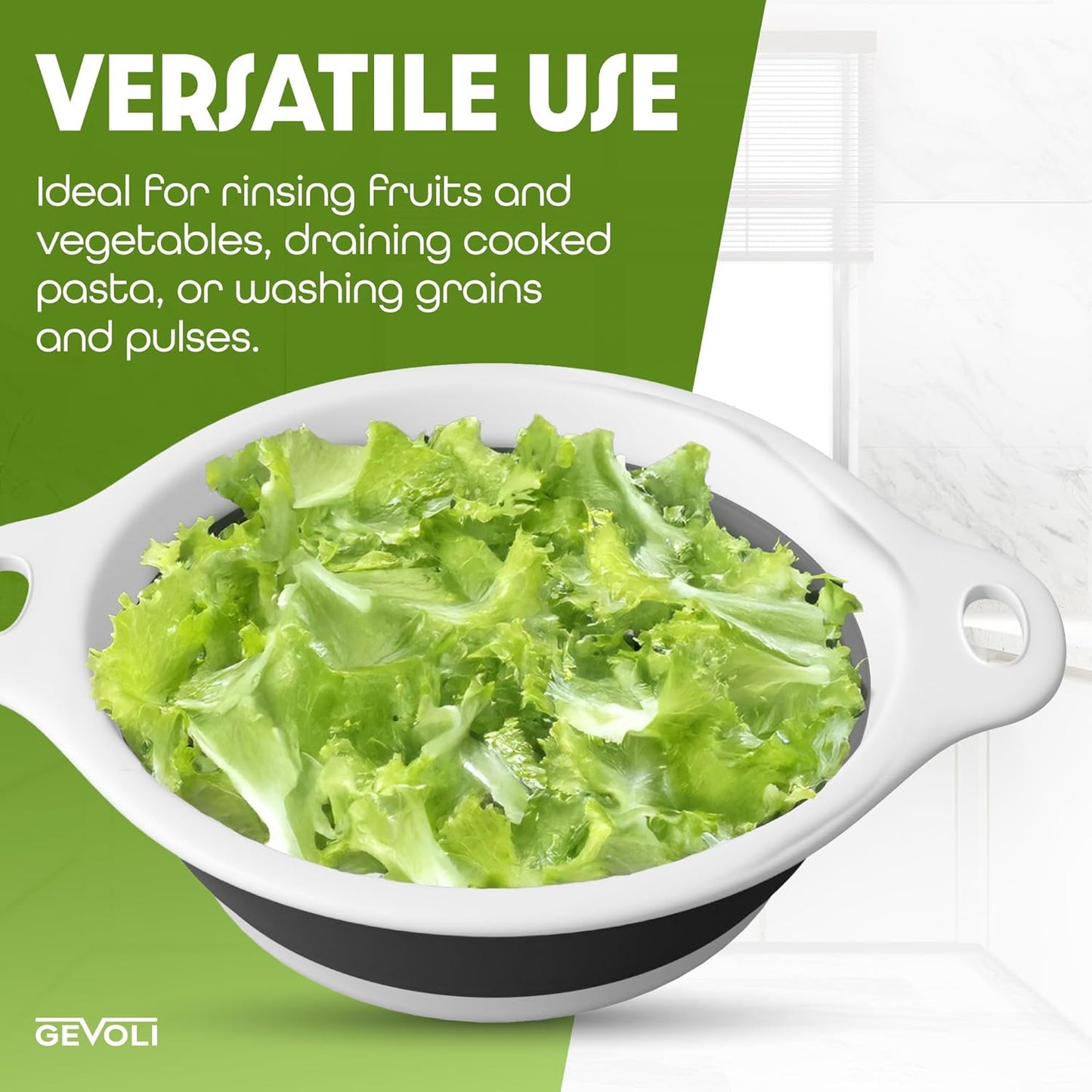 Collapsible Colander Strainer, Includes Over-sink Countertop Draining Base (5QT) Large Kitchen Drainer for Vegetables Fruit and Pasta, Round Foldable Draining Basket, Easy Storage (White)