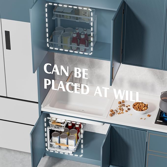 Metal Under Sink Organizers and Storage, 2 Tier Under Sink Organizer Pull Out, Adjustable Under Kitchen Sink Organizer, Sliding Cabinet Organizer for Bathroom, White