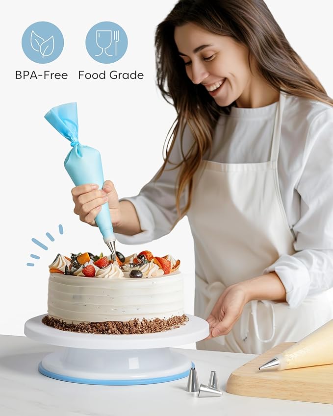 Kootek 71PCs Cake Decorating Kit, Baking Supplies Tools - Includes Cake Stand Turntable, 12 Icing Piping Tips, 2 Frosting Spatulas, 3 Scrapers, 50+2 Piping Bags, Coupler, Video Tutorial, Booklet