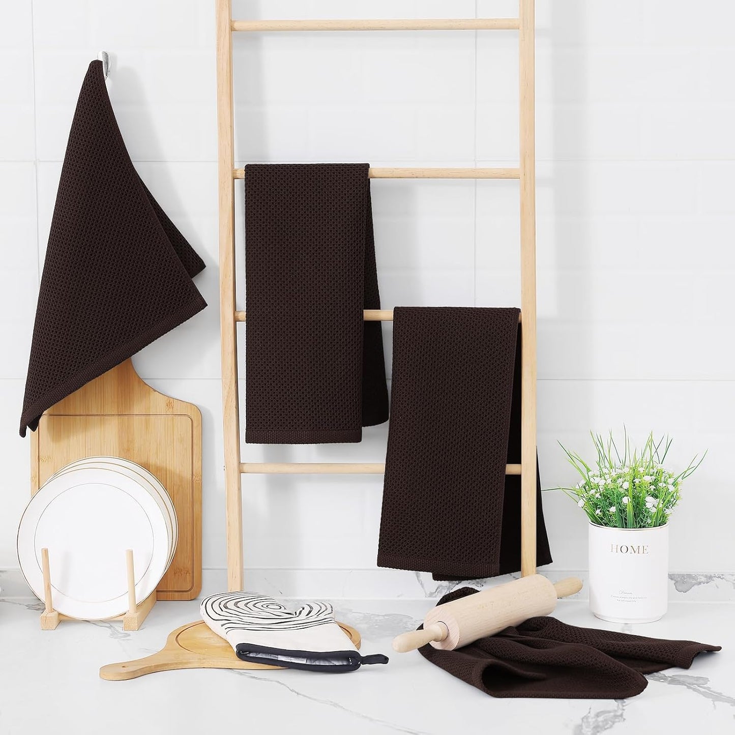 Homaxy 100% Cotton Waffle Weave Kitchen Dish Towels, Ultra Soft Absorbent Quick Drying Cleaning Towel, 13 x 28 Inches, 6-Pack, Dark Brown