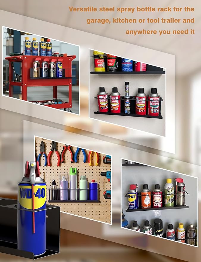 6 Pack Spray Can Holder Organizer, Wall-Mounted Steel Spray Bottle Rack, Tool Box Storage Rack, 5 Cans Metal Paint Can Organizer for Garage, Workspace, Shop, Home or Tool Trailer, Black