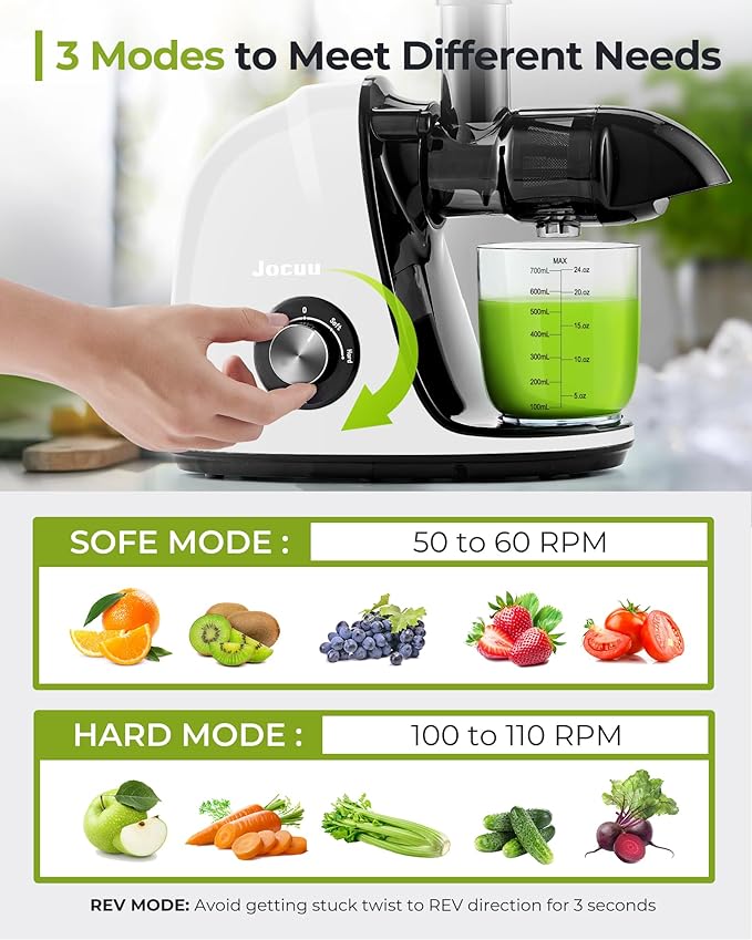 Jocuu Slow Masticating Juicer with 2-Speed Modes - Cold Press Juicer Machine - Quiet Motor & Reverse Function - Easy to Clean Juicer Extractor - Juice Recipes for Fruits & Vegetables (White)