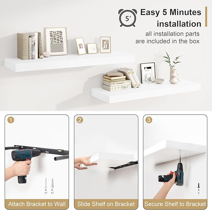 12" Deep White Floating Shelves,Over Toilet Long Wall Mounted Modern Farmhouse 36 inches,Wall Shelves with Invisible Brackets for Bedroom, Bathroom, Living Room, Kitchen, Set of 1