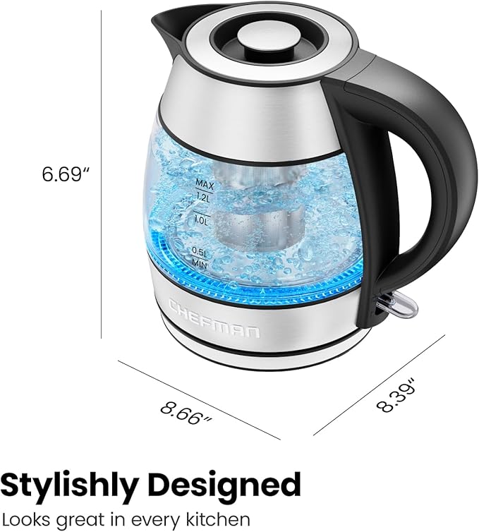 CHEFMAN Electric Kettle - 1.2L 1500W Hot Water Tea Pot with Infuser, BPA Free, Auto Shut Off, Boil-Dry Protection, Removable Lid, LED Light, Cordless Glass Electric Tea Kettle – Stainless Steel