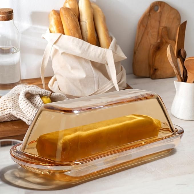 Glass Butter Dish Butter Keeper and Butter Holder for Fridge,Butter Dish with Lid for Countertop,Vintage Container for Counter,Butter Tray on Counter (Amber-7)