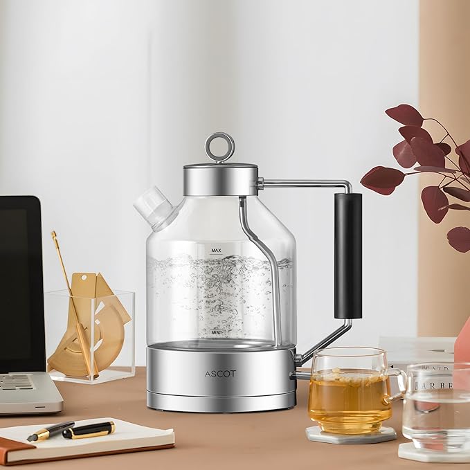 Electric Kettle, ASCOT Electric Tea Kettle 1.5L Glass Electric Kettle, Stainless Steel, BPA-Free, Cordless, Automatic Shutoff, Boil-Dry Protection (Silver)
