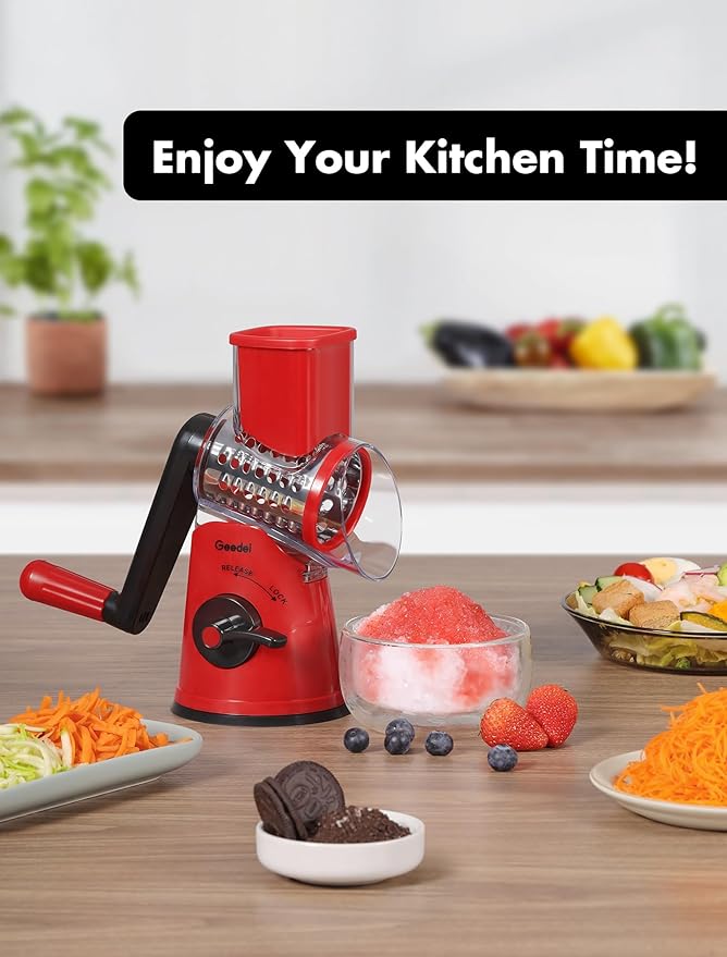 Geedel Rotary Cheese Grater Cheese Shredder - Upgraded 5-in-1 Cheese Grater with Handle and Strong Suction Base, Multi-purpose Vegetable Slicer Ice Shaver Nuts Grinder for Ice, Vegetables, Fruit, Nuts