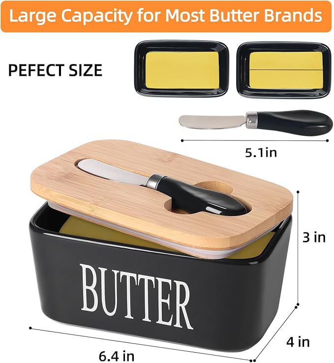 Ceramic Butter Dish with Wooden Lid, Large Butters Container Keeper Storage with Stainless Steel Knife Spreader, Bamboo Cover and Silicone Sealing Ring for West East Coast, Black