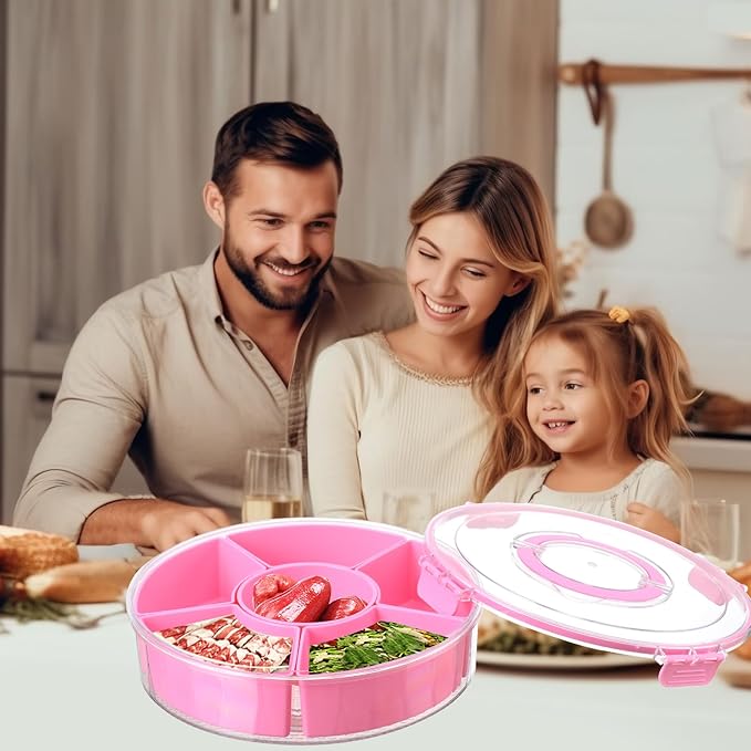 Divided Rotating Serving Tray with Lid and Handle,Portable Snackle Box Container,Spinner Organizer and Storage for Adults,Child,Fruits,Candy,Nuts,Veggie,Charcuterie,Snacks,Picnic,Road Travel Party