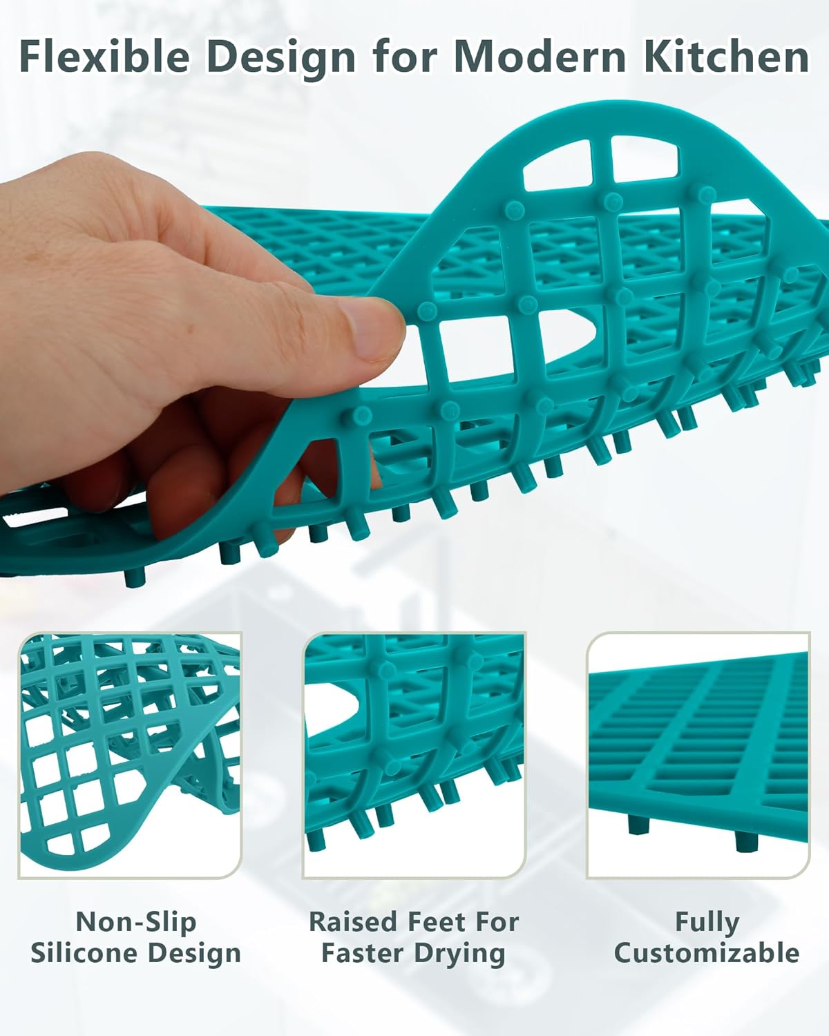 2 Pack Silicone Sink Protectors for Kitchen Sink, Lozenge Pattern 13 x 11 Inches Sink Mat, Non-Slip and Durable Sink Protector Silicone, Rear Drain, Green