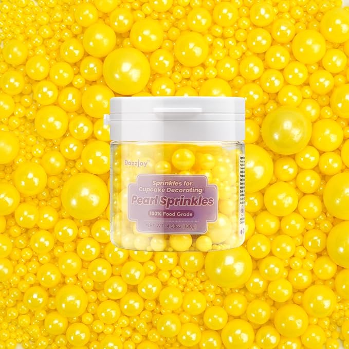 Dazzjoy Edible Pearls, Yellow Pearl Sugar Sprinkles, 130g/4.58oz, Yellow Ball Pearls for Cake Decorating, Cupcake Toppers, Edible Cake Decoration