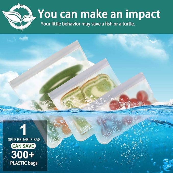 SPLF 18 Pack BPA FREE Reusable Storage Bags (6 Gallon Freezer Bags, 6 Sandwich Bags, 6 Snack Bags), Extra Thick Leakproof Silicone and Plastic Free Lunch Bag