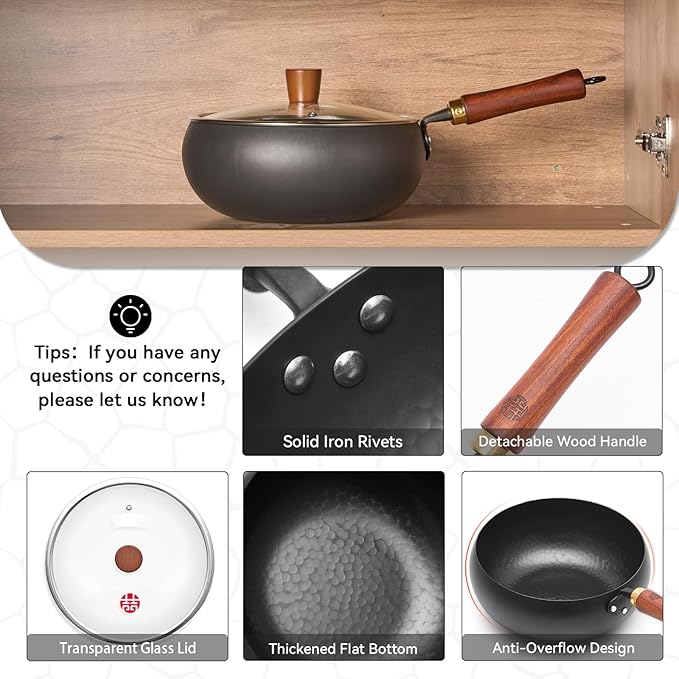 WANGYUANJI 9.5-Inch Wok Pan with Lid – Handmade Round Cooking Wok, Deep Frying Pan with Detachable Wooden Handle, No Chemical Coated Wok Flat Bottom for Induction & Gas Stoves