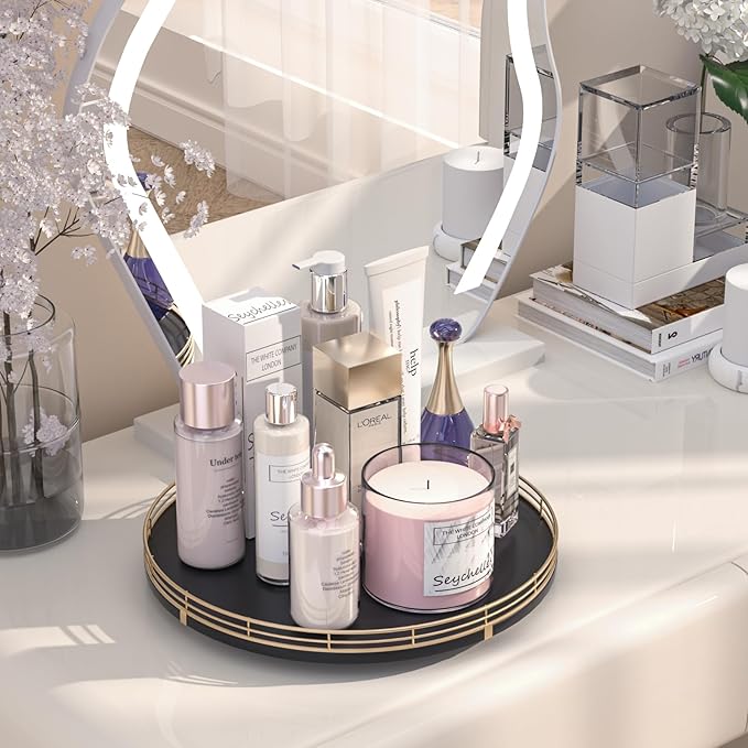 13" Oak Wood Bathroom Tray for Counter, Vanity Tray for Perfume Lotion Candle Makeup Jewelry Sink Soap Holder Turntable Dresser Organizer Countertop Coffee Table Decor Organization and Storage Gold