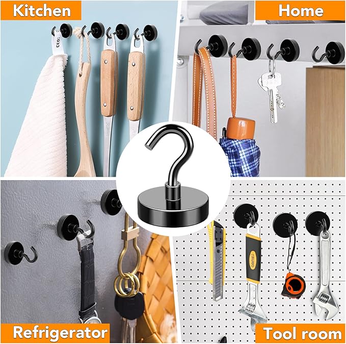 MIKEDE Black Magnetic Hooks, 80Lbs Heavy Duty Earth Magnets with Hooks for Cruise Cabin, Strong Magnet Hooks for Hanging, Super Metal Magnetic Hanger for Grill, Fridge, Kitchen - Pack of 10
