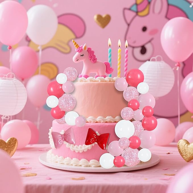 BEISHIDA 42 pcs Foam Ball Cake Toppers with Sticks Includes 2 Bow Cake Decor Perfect for Birthday Party Pink&White Theme Party Decor Wedding Anniversary Celebration(Pink, White)