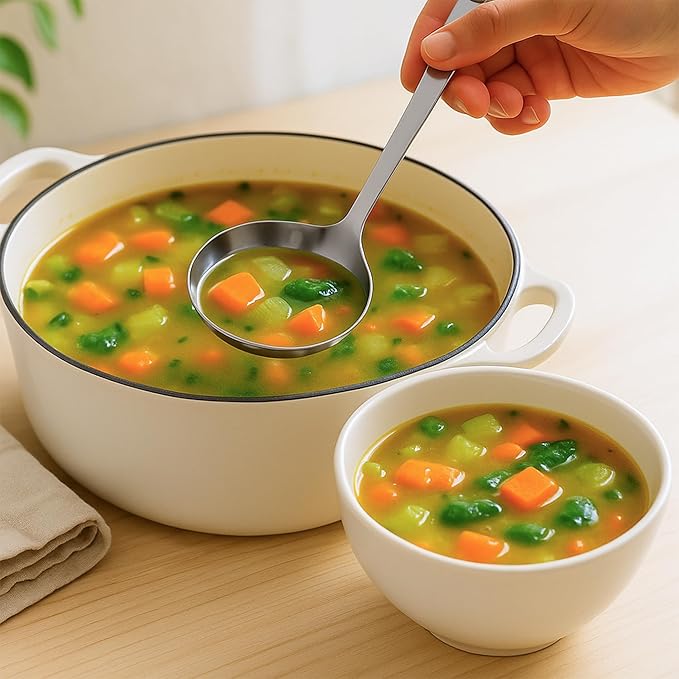 FJNATINH Stainless Steel Soup Ladle, Large Metal Ladel Spoon for Serving, Cooking, Wok, Soup, Heat-proof Wooden Handle, Heavy Duty Wok Tool 13.7 Inches