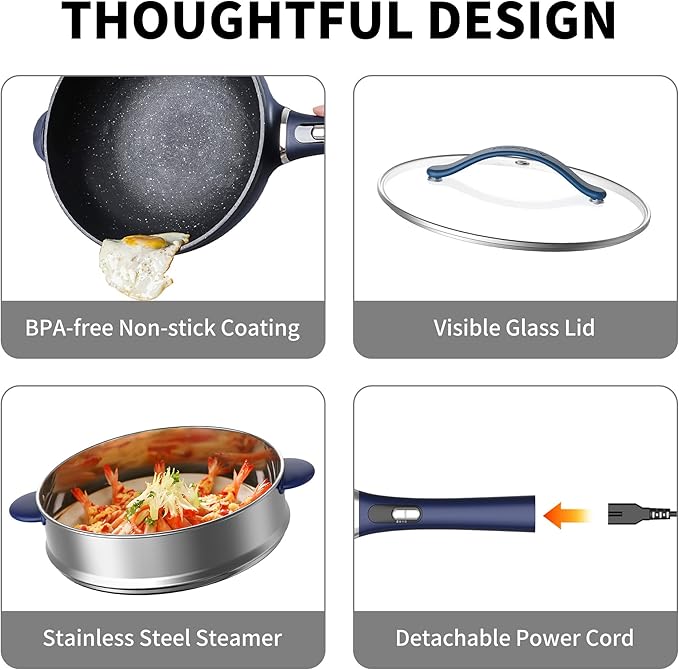 3-Quart Electric Hot Pot & wok Nonstick with Steamer | Electric Skillet 1200W for Dorm, Home, Gifts (Includes Silicone Spatula) Multi-Cooker