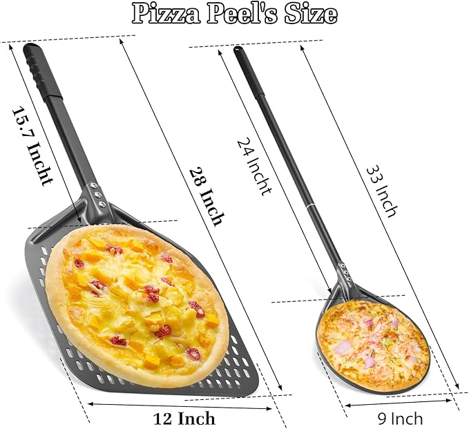 12 Inch + 9 Inch Perforated Pizza Peel Set, Pizza Turning Peel with Metal Handle, Pizza Spatula Paddle for Homemade Pizza Oven Accessories