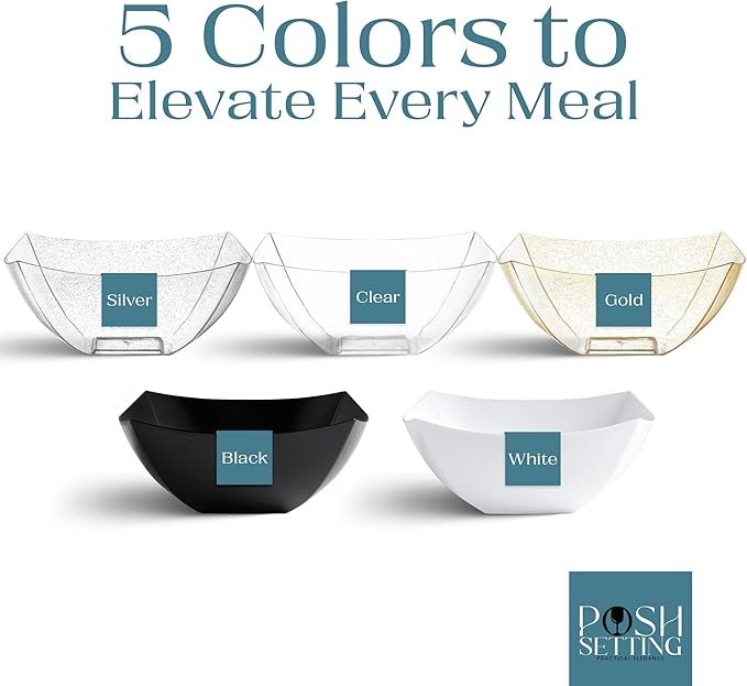 Posh Setting - Black Plastic Serving Bowls (16oz - 4 Pack) Square, Disposable, Salad & Fruit Bowls for Party Table, Candy Containers for Candy Buffet