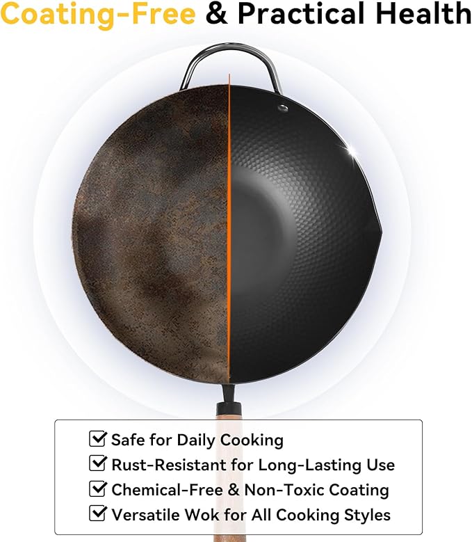 WANGYUANJI 12.6" Wok with Lid, Flat Bottom Nonstick Wok Pan for Induction Cooktop, Stir Fry Woks & Pans for Cooking