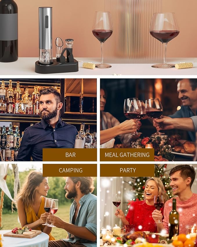 CIRCLE JOY 5-in-1 Electric Wine Opener Set Rechargeable Stainless Steel Automatic Corkscrew Wine Bottle Opener Set with Foil Cutter, Wine Aerator Pourer, Vacuum Wine Stopper and Storage Base, Silver