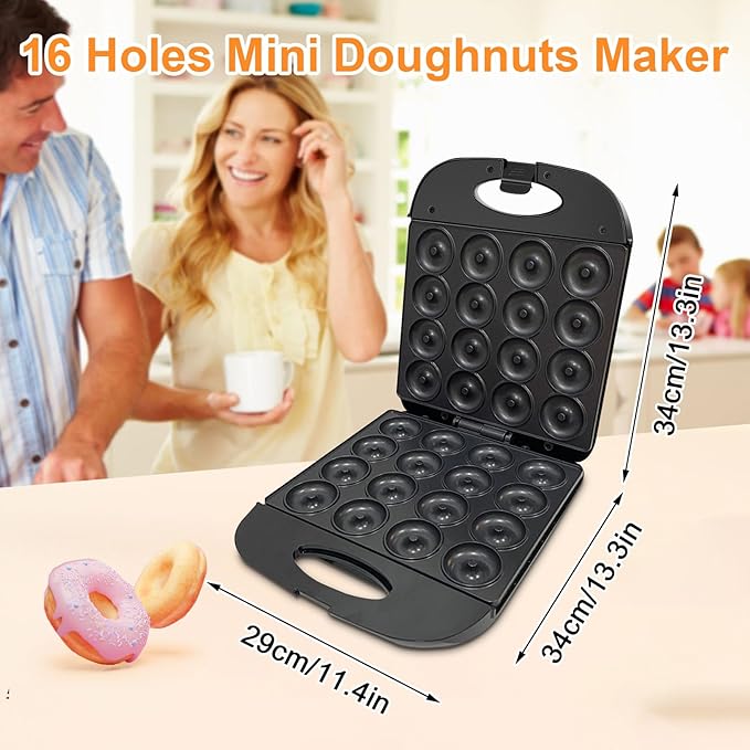 2025 Mini Donut Maker Machine for Home, Kid-Friendly 16-Hole Electric Doughnut and Pancake Maker with Non-Stick Surface, Ideal for Homemade Doughnuts (Black with Mini Oven Gloves & Brush)