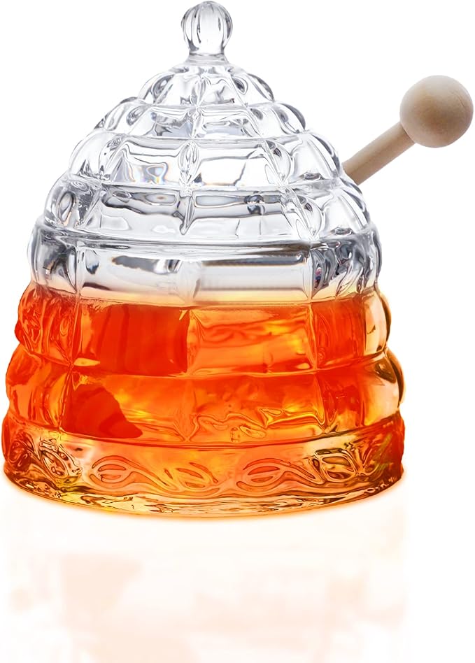 M&N HOME Honey Dish with 3 Dippers, Honey Jar, Large Glass Honey Pot storage with Lid and Inscribed Wooden Honey Dippers, Glass Honey Dispenser Thank You Gift,