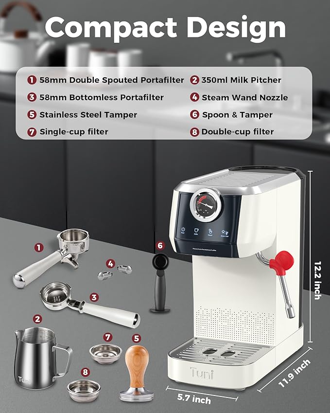 Tuni E2 58mm Espresso Machine with Bottomless Portalfilter Combo Set, 58mm Stainless Steel Bottomless Portalfilter, Dual Boiler System Espresso Maker