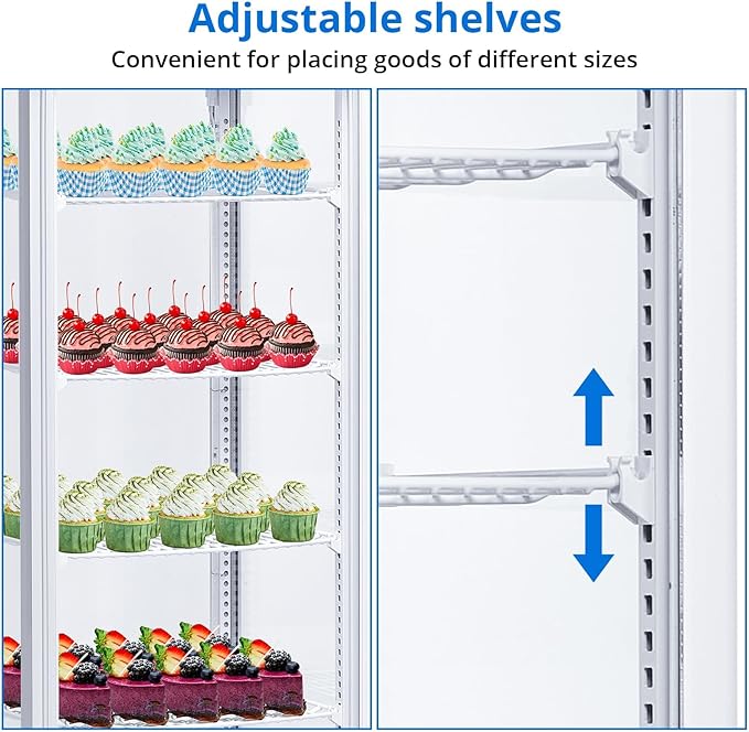 10.5 Cu.Ft Refrigerated Display Case, Floor-Standing Display Refrigerator with LED Light and Adjustable Shelves, Commercial Display Fridge with Casters for Cakes, Coffee, Bakery, Supermarkets, Store
